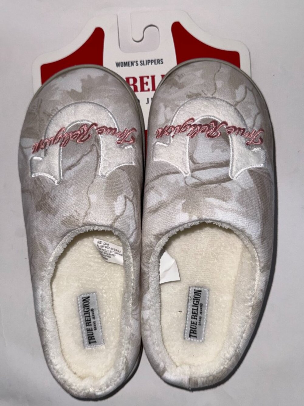 True religion Women's Floral Print Slippers, Pink Embroidered Script Logo XL